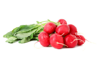 Fresh ripe radishes isolated on white. Root vegetable