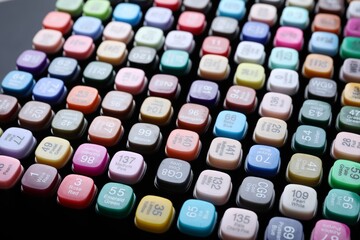 Different double sided markers on black background, closeup