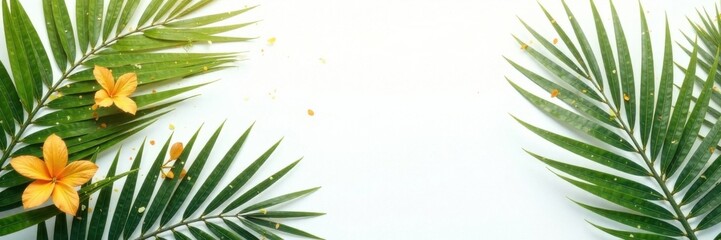 Fototapeta premium Palm fronds with golden flowers on white background , wedding invitation, botanical, save the date