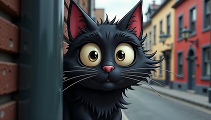 Cute cartoon black cat peeking around a corner in colorful street, character illustration concept