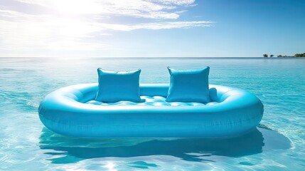 Blue inflatable lounge in calm ocean water