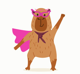 Cute superhero Capybara in hero mask and raincoat. Funny smiling cartoon kawaii character animal. Vector illustration. Hand drawn.
