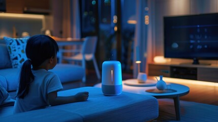 A family living room with a sleek AI-powered virtual assistant device on the table, controlling the lights, TV, and thermostat, while a child interacts with it.