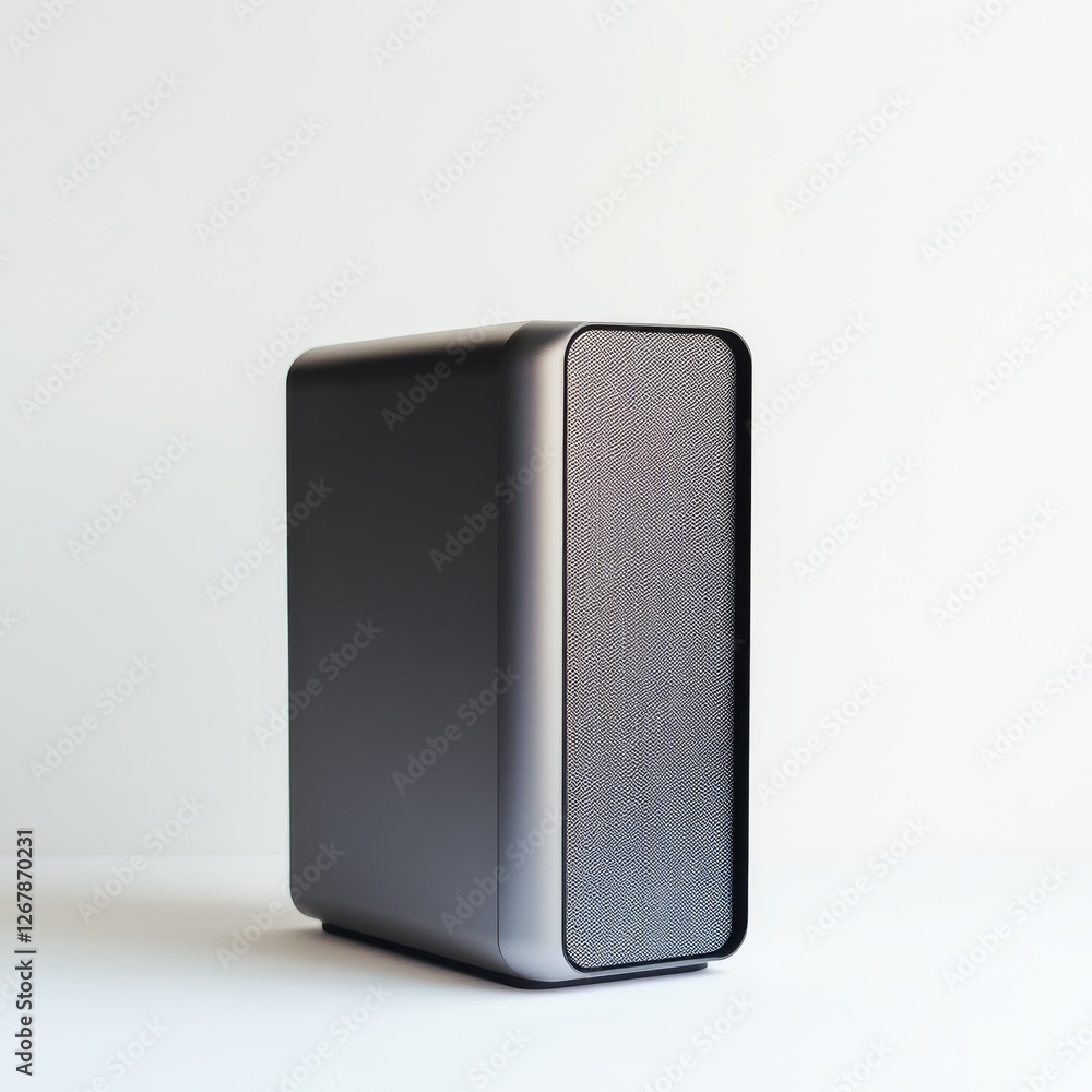 Aufkleber sleek and modern black speaker with textured front grill against a clean white background for minima