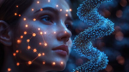 A young woman with a digital glow on her face, representing technology and creativity, with molecular structures and a DNA strand in a dark background.