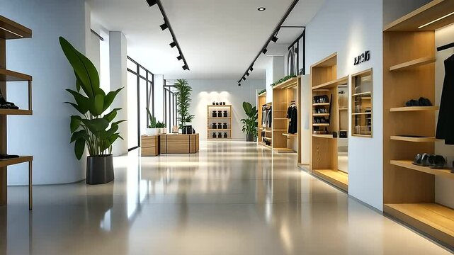 A modern retail store with a vertical ad banner showcasing a new product, set in a minimalist interior with clean white walls