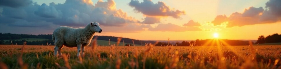 Sheep standing in field against blue sky at sunset, farm animals, rural landscape, silhouette