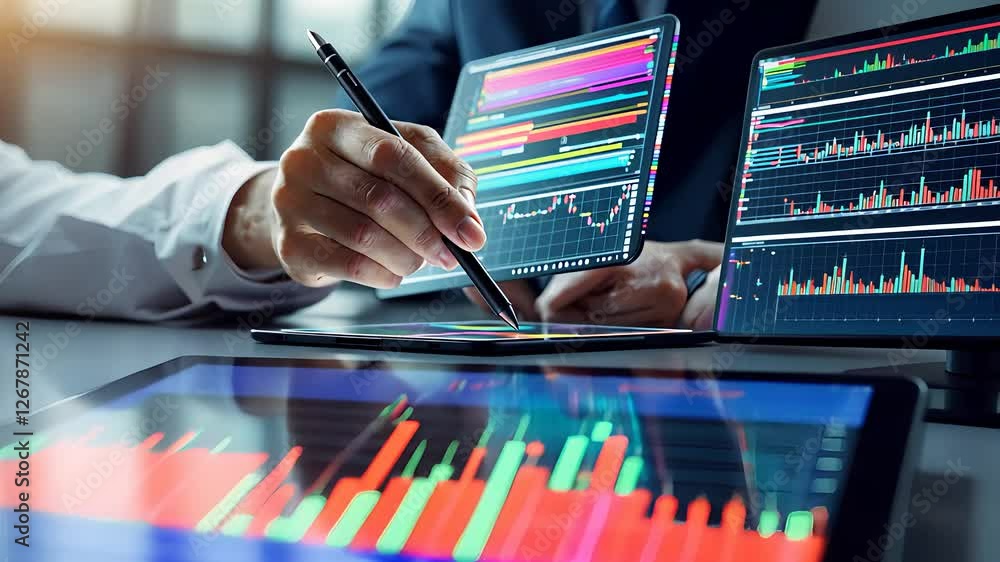 Aufkleber financial analyst reviewing stock market data on multiple screens with trading graphs and charts in 