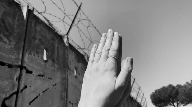 Criminal praying hands against wall with barbwire background, human imprisonment because of crime commitment, punishment and freedom loss in prison