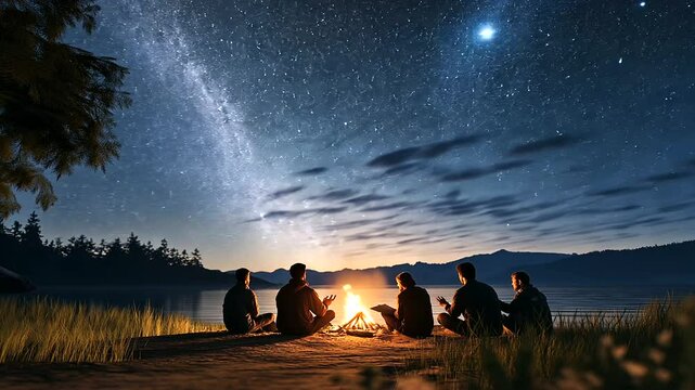 A peaceful evening at the beach, where a small group of friends sits around a bonfire, one reading a Bible verse while others reflect under the starlit sky.