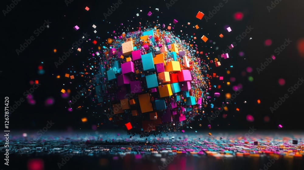 Fototapete abstract colorful cube sphere explosion on dark background. possible use stock photo for graphic des