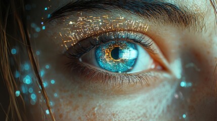 A close-up of a blue eye with a shimmering digital reflection. The unique aesthetic combines human features and technological elements, highlighting the fusion of nature and technology.