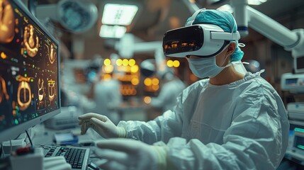 A doctor wearing a virtual reality headset interacts with advanced medical technology in an operating room. The image highlights innovative healthcare practices.