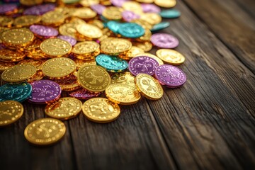 A vibrant assortment of gold, blue, and purple coins scattered on a rustic wooden surface, creating a rich and colorful display.