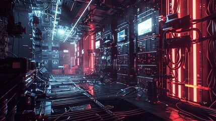 A futuristic AI server room filled with glowing data racks, cables neatly organized, and robotic arms maintaining hardware components in perfect precision.
