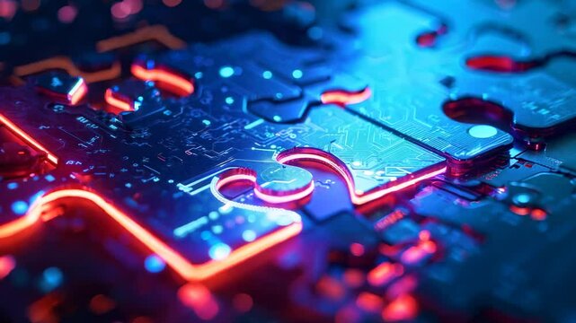 Glowing puzzle pieces in neon blue and purple light. Artificial intelligence, machine learning, digital transformation, futuristic technology, cyber world.