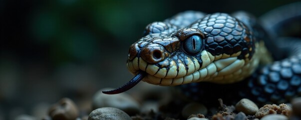 Obraz premium Snake's head close-up with piercing blue eyes and forked tongue exposed , , head, blue