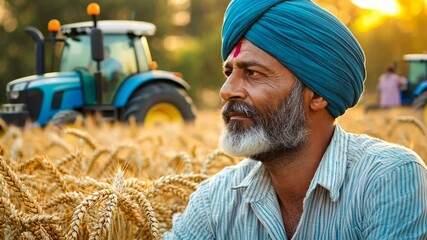 Hindu farmer in a golden wheat field with a blurred blue tractor at sunset. Modern farming, sustainable agriculture, rural economy, mechanized farming, food security.