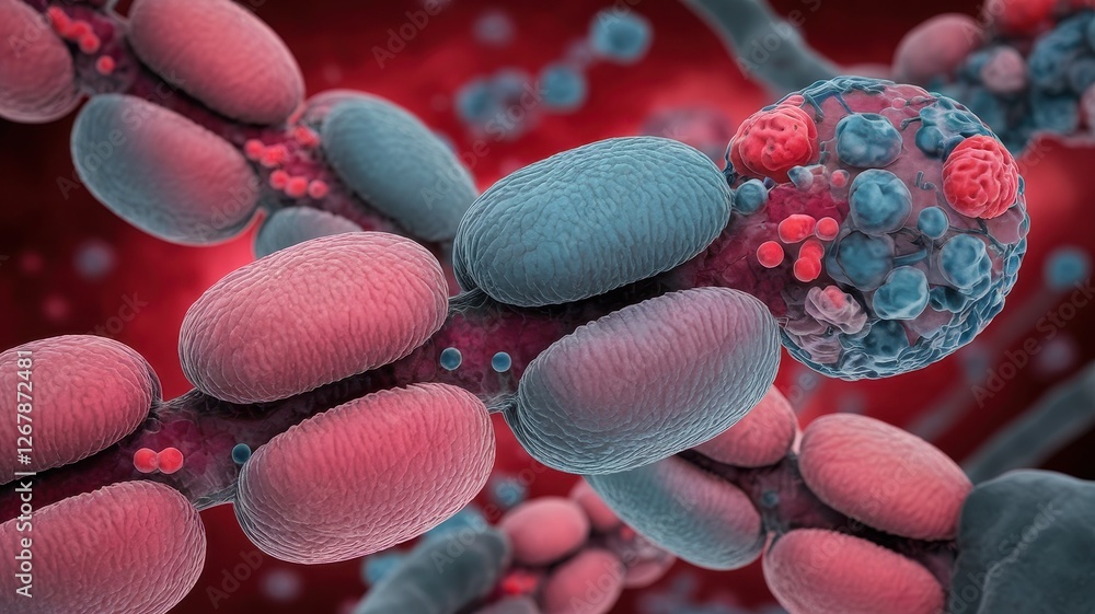 Poster microscopic representation showing linked microorganisms with variation in cell structure