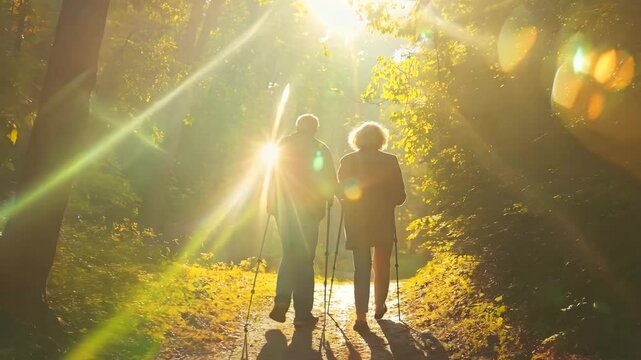 An elderly couple walks hand in hand along a peaceful forest trail, illuminated by warm golden sunlight filtering through the trees. Their silhouettes and walking sticks symbolize companionship