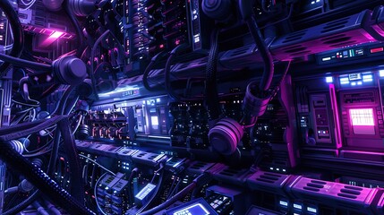 A futuristic AI server room filled with glowing data racks, cables neatly organized, and robotic arms maintaining hardware components in perfect precision.