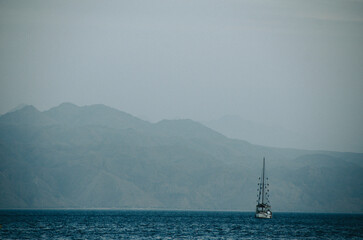 sailing ship in the fog