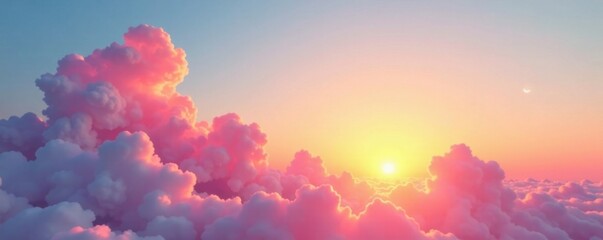 Soothing sunset with fluffy clouds in a gradient of soft pink to bright yellow against a blue sky, sky, gradient, natural