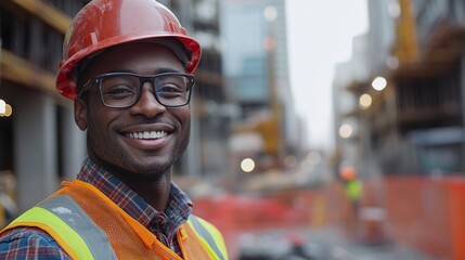 portrait of happy construction worker african american male wearing safety helmet vest smiling at construction site foreman employee working in building industry