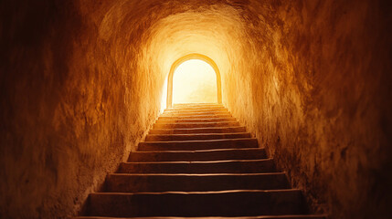 Stairway to Light: Ascend through a dimly lit, arched tunnel, where steps lead to a bright opening, symbolizing hope and transition to something better.