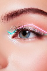 macro shot of glitter-specked eyelashes with neon eyeliner in bold geometric shapes