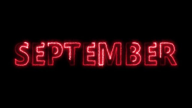 July, August, September text animation with neon light fire effect color animation. Then the TV turns off. Alpha channel Premultiplied - Matted with color black.