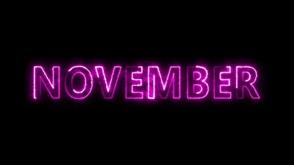 October, November, December text animation with neon light fire effect color animation.