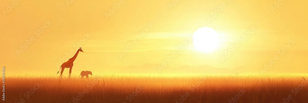 Aufkleber majestic giraffe and elephant at sunset in the savannah creating a serene atmosphere. generative ai