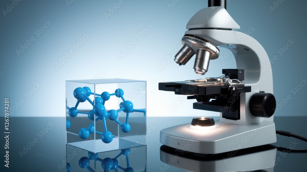 Poster microscope and blue molecule model displayed in a clear cube