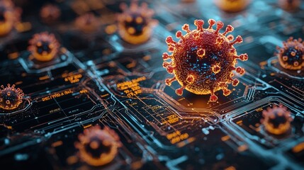 A digital illustration of the Covid-19 virus, showcasing its complex structure against a dark background with glowing circuits. Creative and isolated.