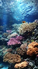 Fototapeta premium Underwater coral reef aquarium, sunlight beams through water, fish swimming