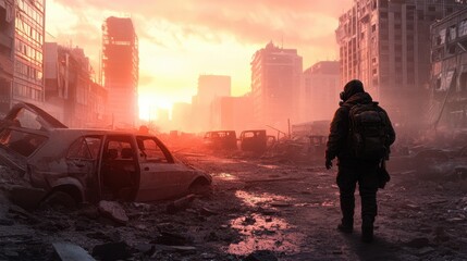Fototapeta premium Survivor in a desolate, ruined city. Post-apocalyptic urban landscape, destroyed by a disaster