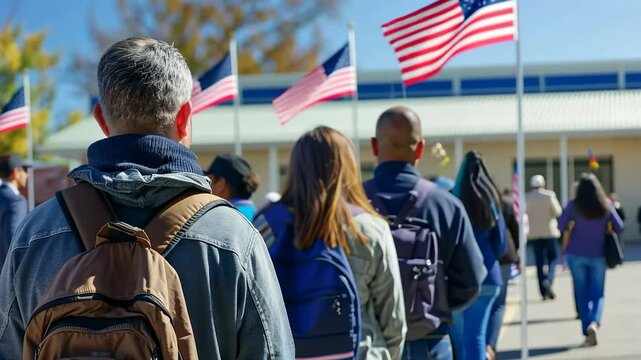 A diverse group of American voters standing in line at a polling station, participating in the presidential election and exercising their democratic rights.