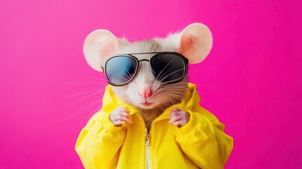 Stylish mouse in yellow jacket, sunglasses, pink background. Possible use for social media, humor