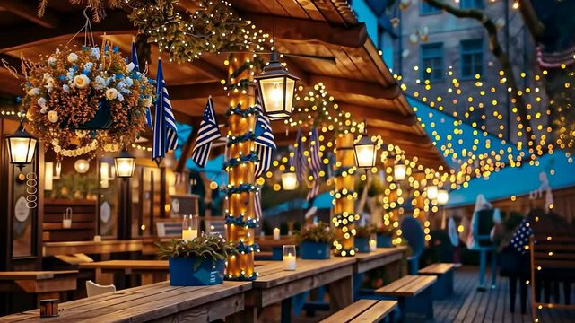 A lively Oktoberfest festival featuring traditional Bavarian beer, pretzels, sausages, folk music, and people dressed in festive lederhosen and dirndls.