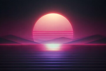 Obraz premium Synthwave Sunset Over Serene Mountains and Calm Ocean