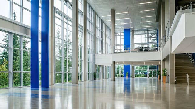 wide shot of modern high school lobby, glass and steel interior with blue accent color, large windows overlooking forested area, polished concrete floors, architectural photography