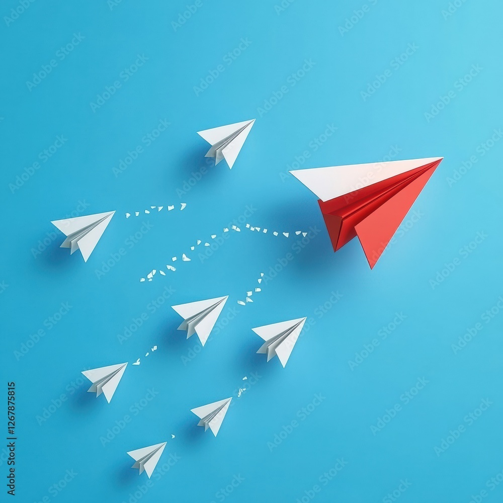 Aufkleber Group of paper airplanes flying in one direction with one red plane pointing the other way for innovative solutions. Generative AI