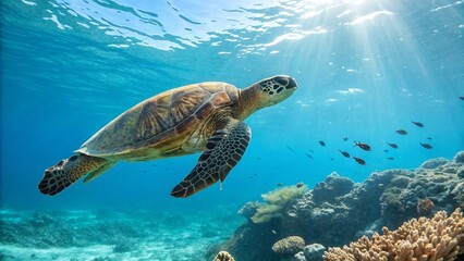 Fototapeta premium Close-up of a turtle swimming in a clear blue ocean, vibrant coral reefs below, small fish nearby, sunrays filtering through the water. Ultra-detailed, high-resolution 8K.