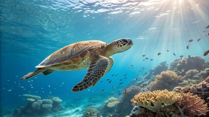 Obraz premium Close-up of a turtle swimming in a clear blue ocean, vibrant coral reefs below, small fish nearby, sunrays filtering through the water. Ultra-detailed, high-resolution 8K.