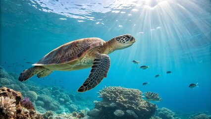 Obraz premium Close-up of a turtle swimming in a clear blue ocean, vibrant coral reefs below, small fish nearby, sunrays filtering through the water. Ultra-detailed, high-resolution 8K.