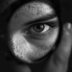 Intense Monochrome Eye Portrait: A Close-Up Study of Freckles and Gaze