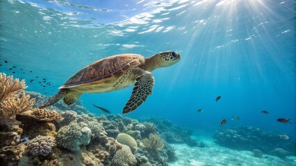Obraz premium Close-up of a turtle swimming in a clear blue ocean, vibrant coral reefs below, small fish nearby, sunrays filtering through the water. Ultra-detailed, high-resolution 8K.