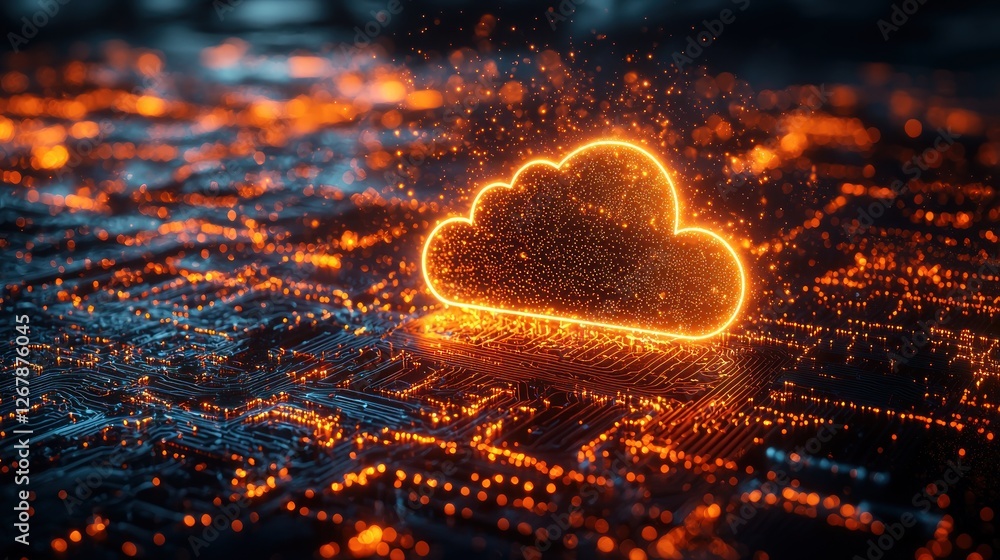 Poster glowing cloud symbol above circuit board representing digital data