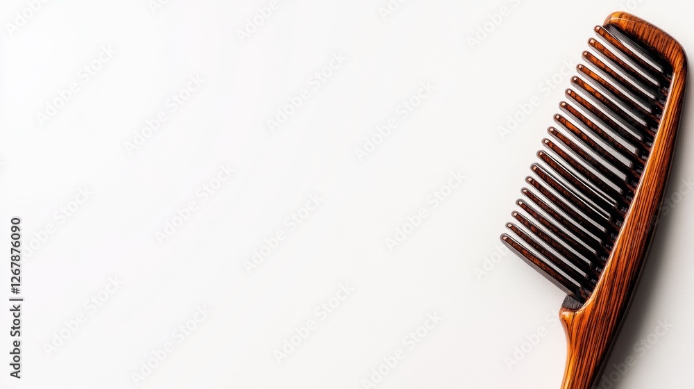 Leinwandbilder close up view of a wooden comb with hair strands on a neutral background and space for additional te